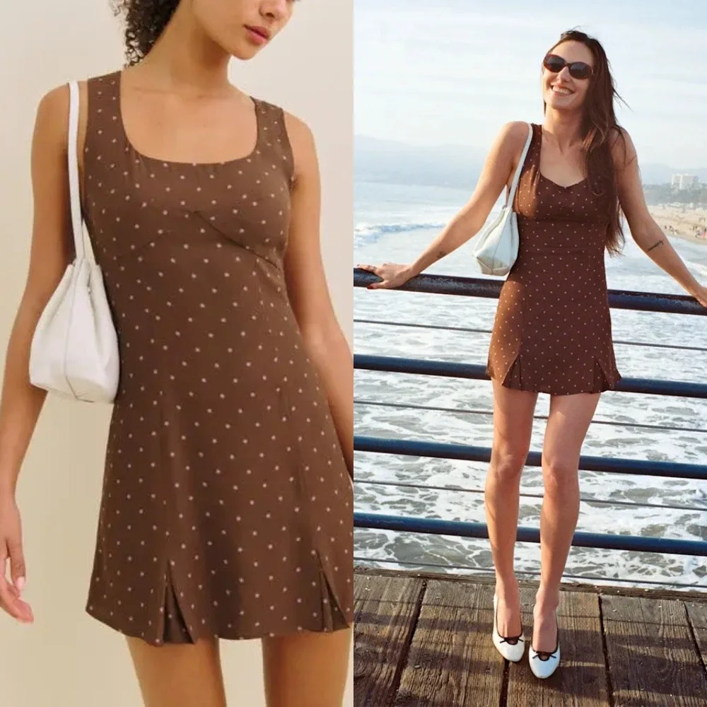 Reformation x Devon Lee Carlson | Cher Sleeveless Polka Dot Mini Dress Brown - Picture 2 of 9